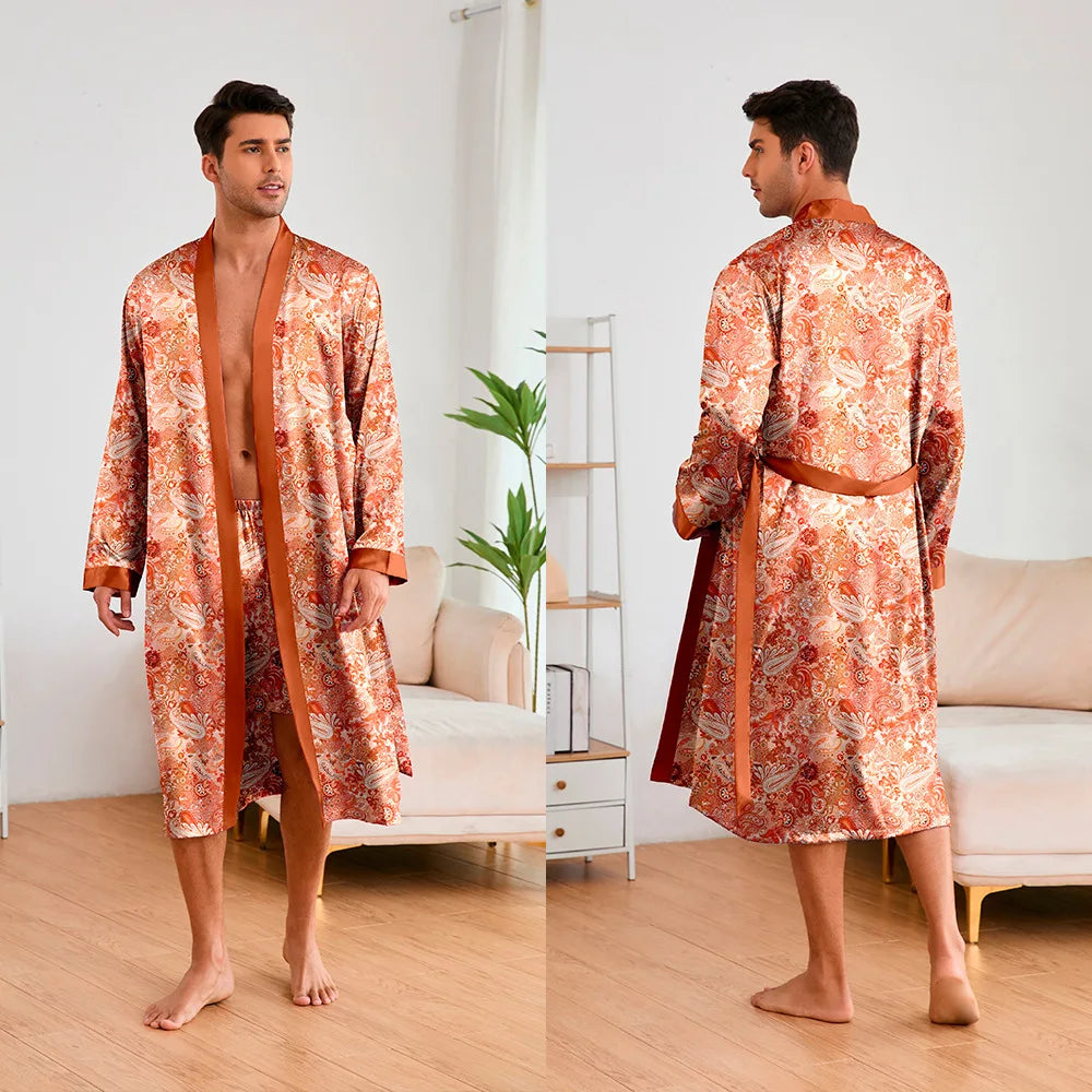 Men's Premium Ice Silk Kimono Bathrobe Set - Tiger Print Loungewear