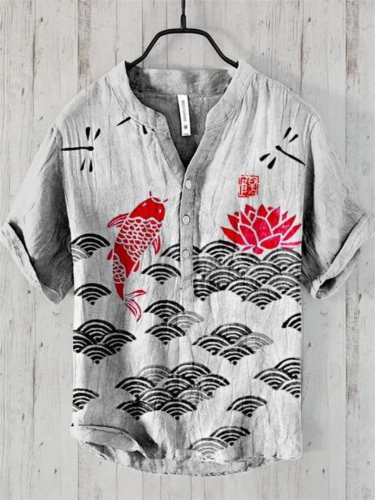 Hawaiian Linen Shirt - Fish Pattern Summer Top