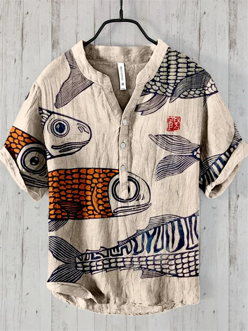 Hawaiian Linen Shirt - Fish Pattern Summer Top