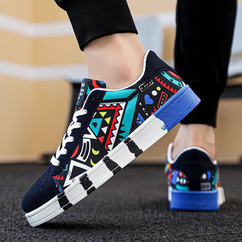Men's Graffiti Canvas Sneakers - Colorful Lace-Up Casual Shoes