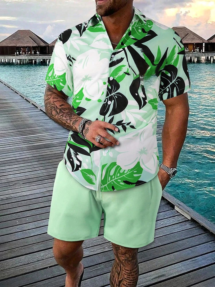 Men's Hawaiian Coconut Tree Print Shirt and Shorts Set - 2-Piece Beach Outfit