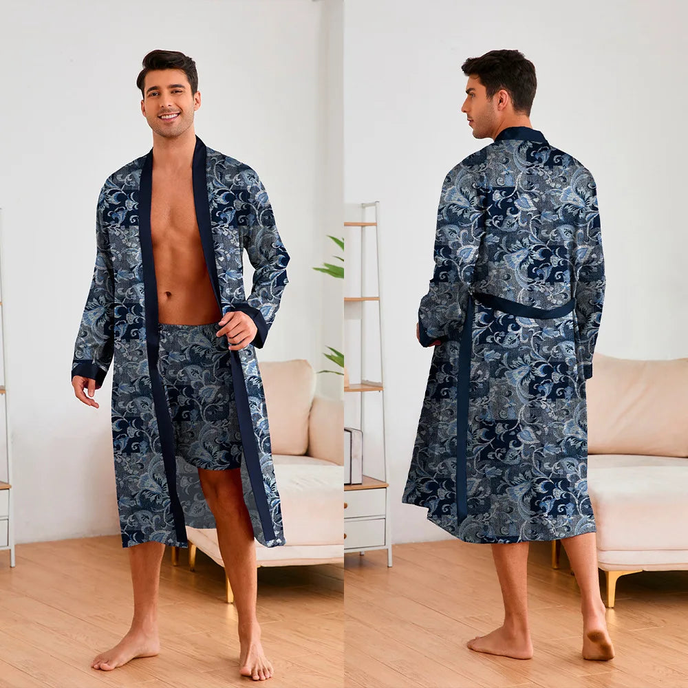 Men's Premium Ice Silk Kimono Bathrobe Set - Tiger Print Loungewear