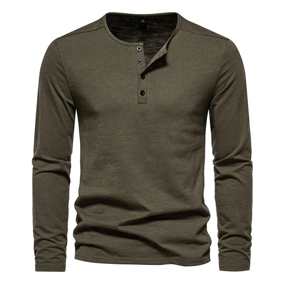 Slim Fit Long Sleeve Tee - Button Neck Cotton Shirt