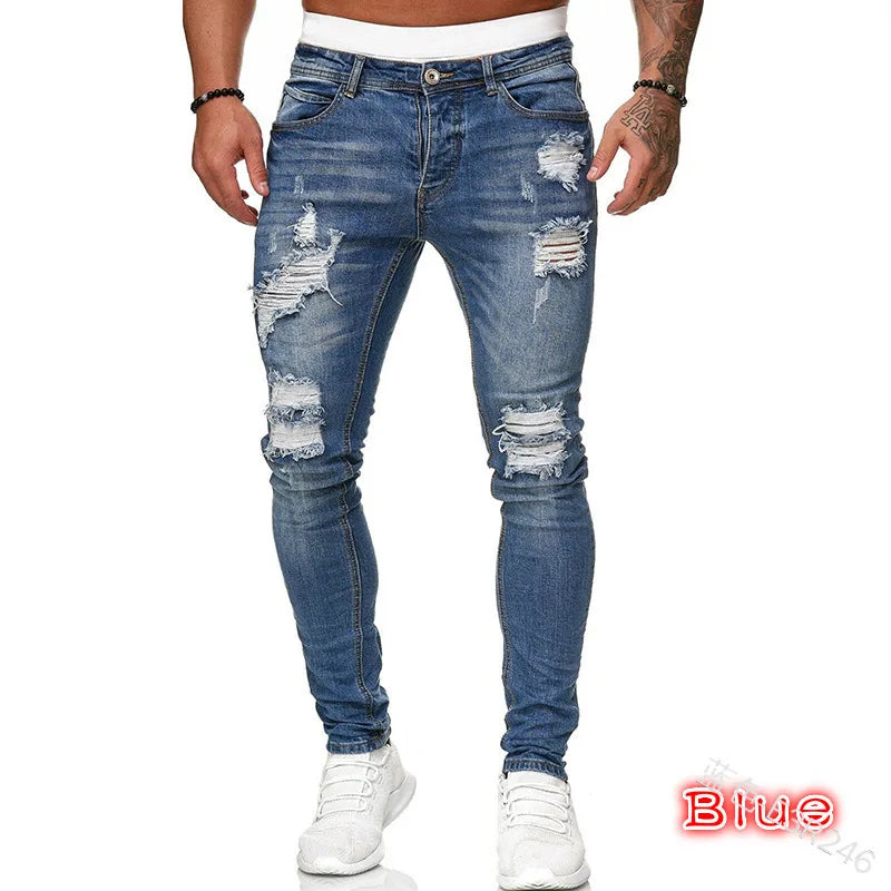 Knee Ripped Stretch Jeans - Hip Hop Slim Fit