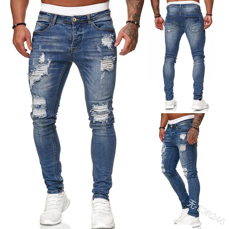 Knee Ripped Stretch Jeans - Hip Hop Slim Fit
