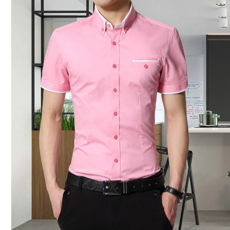 Men's Short Sleeve Business Shirt - Turn-Down Collar Tuxedo Style