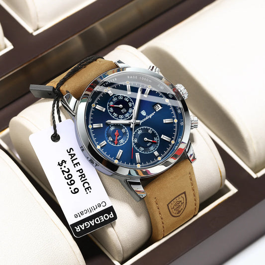 POEDAGAR Chronograph Watch - Leather Luminous Sports