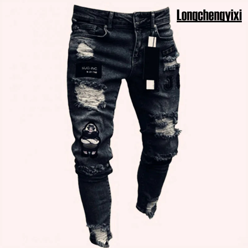 Knee Ripped Stretch Jeans - Hip Hop Slim Fit