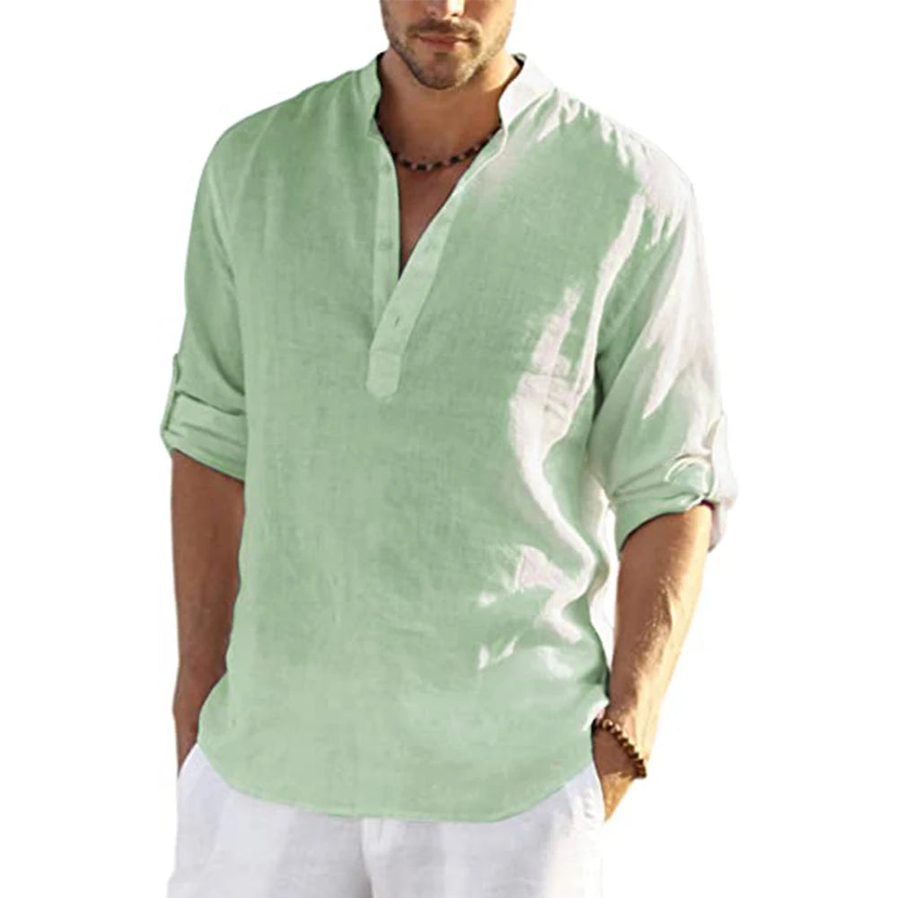 Men's Cotton Linen Long Sleeve Casual Shirt - Lightweight Breathable Button-Down Top