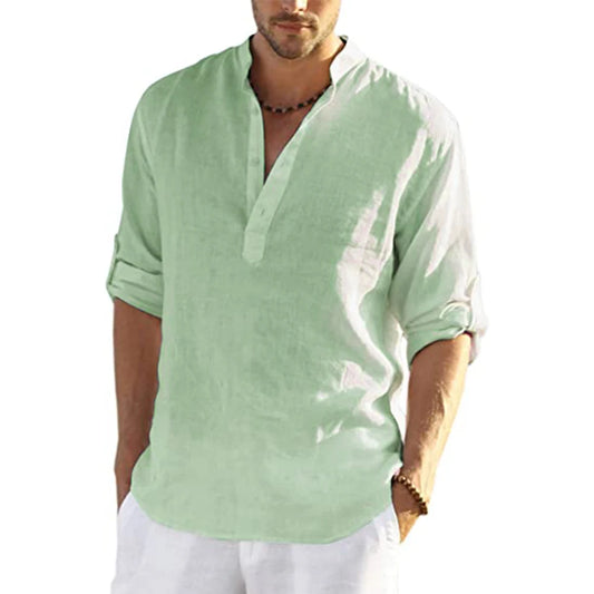 Men's Cotton Linen Long Sleeve Casual Shirt - Lightweight Breathable Button-Down Top