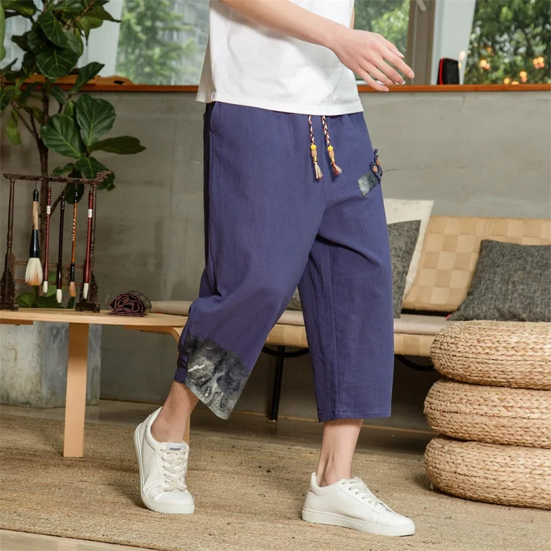 Japanese Cotton Linen Harem Pants - Men's Summer Breathable Cropped Pants