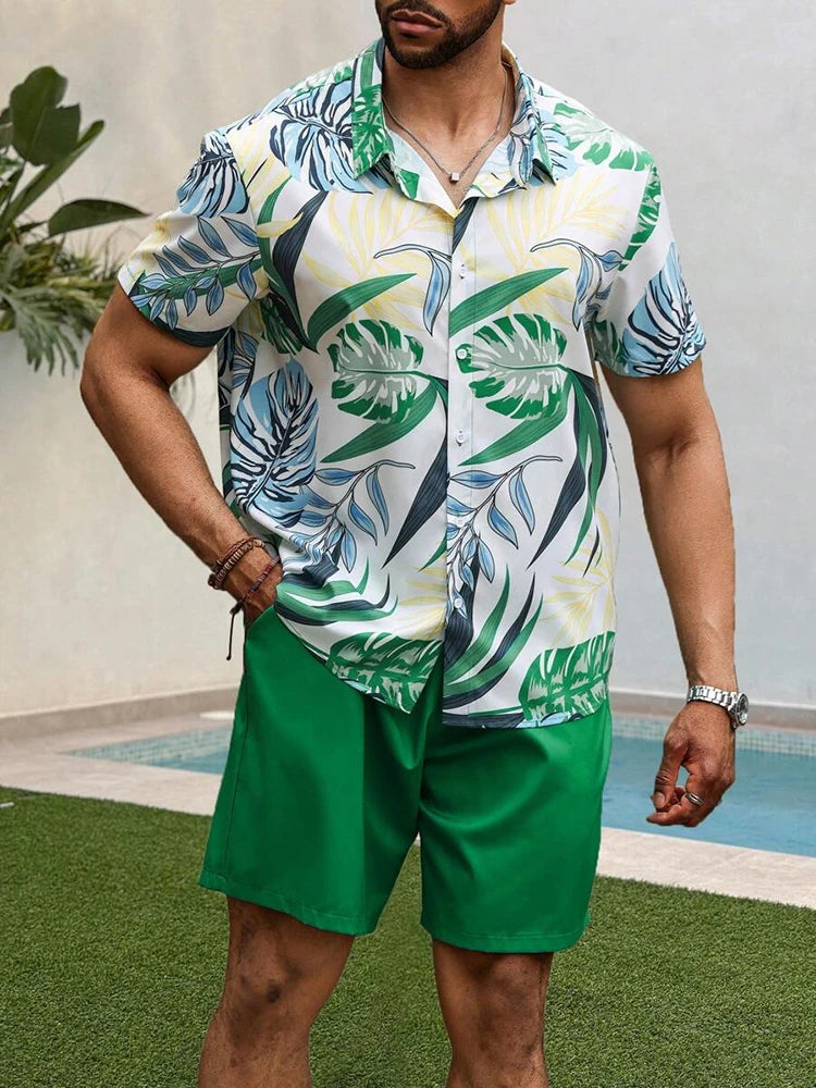 Men's Hawaiian Coconut Tree Print Shirt and Shorts Set - 2-Piece Beach Outfit