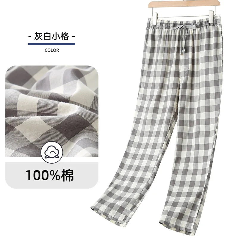 Men's Pure Cotton Plaid Sleep Pants - Lightweight Casual Lounge Trousers