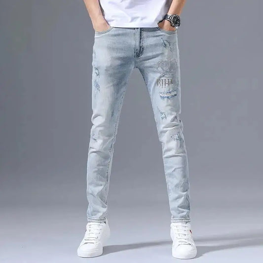 Embroidered Stretch Jeans - Ripped Retro Slim Fit