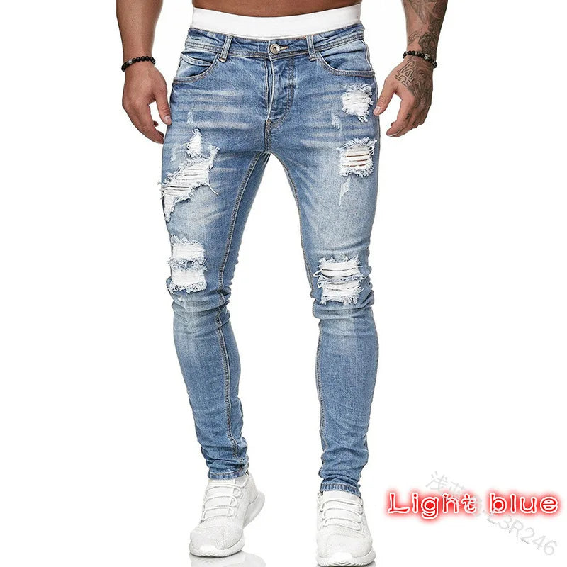 Knee Ripped Stretch Jeans - Hip Hop Slim Fit