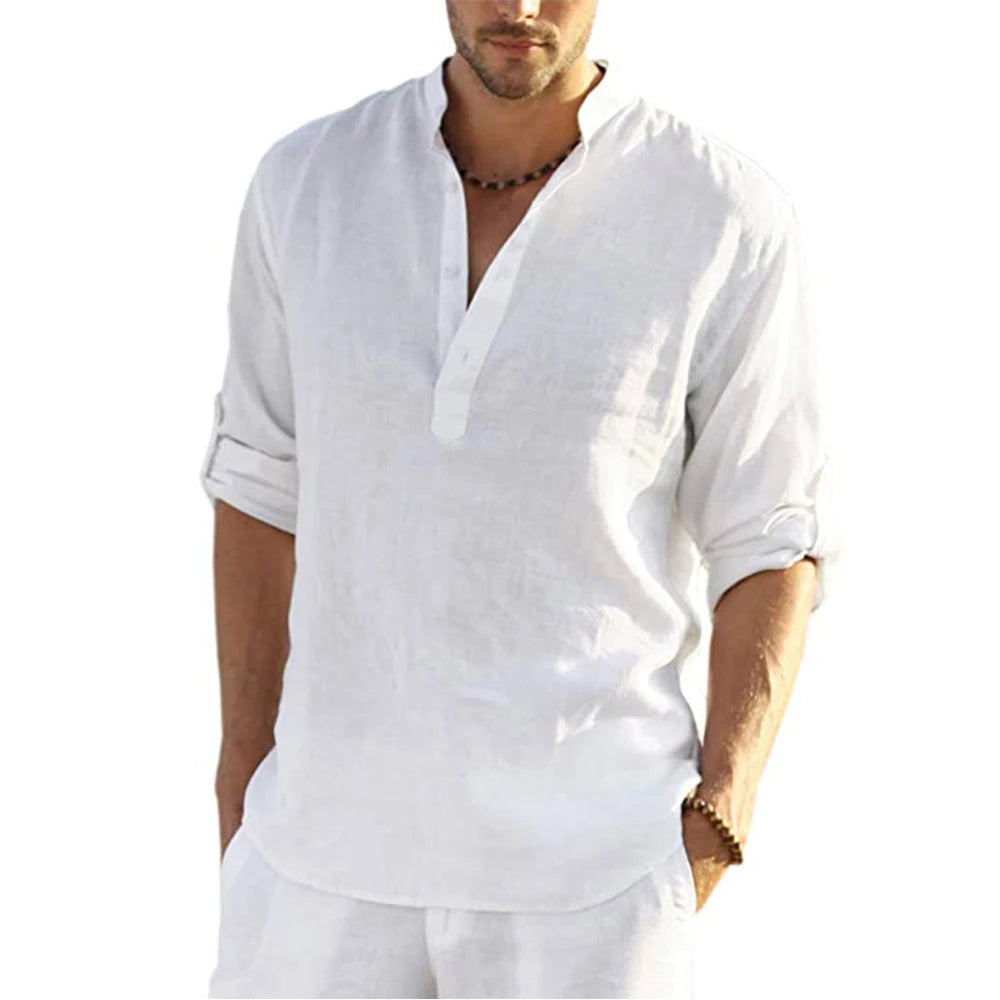 Men's Cotton Linen Long Sleeve Casual Shirt - Lightweight Breathable Button-Down Top