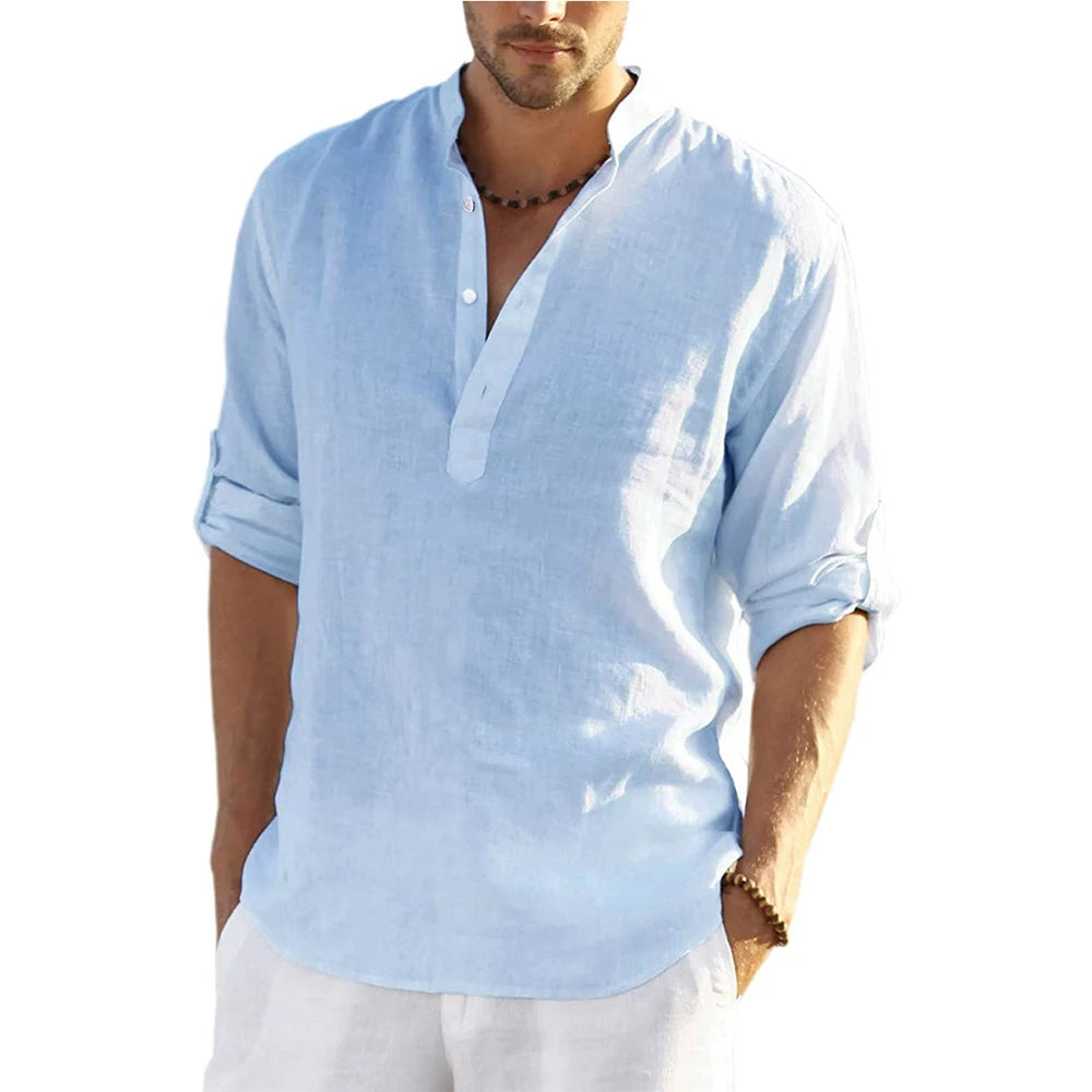 Men's Cotton Linen Long Sleeve Casual Shirt - Lightweight Breathable Button-Down Top