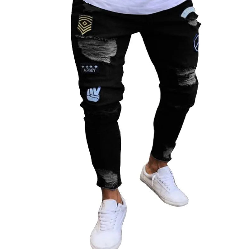 Knee Ripped Stretch Jeans - Hip Hop Slim Fit