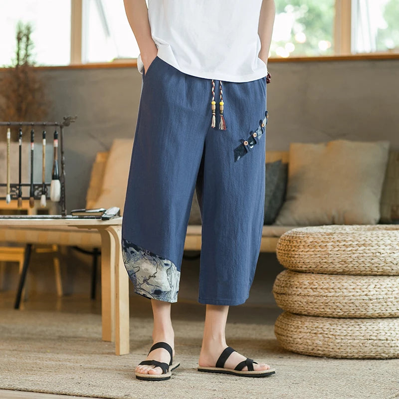 Japanese Cotton Linen Harem Pants - Men's Summer Breathable Cropped Pants