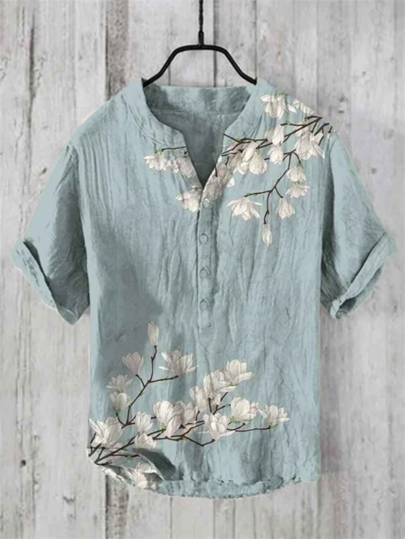 Hawaiian Linen Shirt - Fish Pattern Summer Top