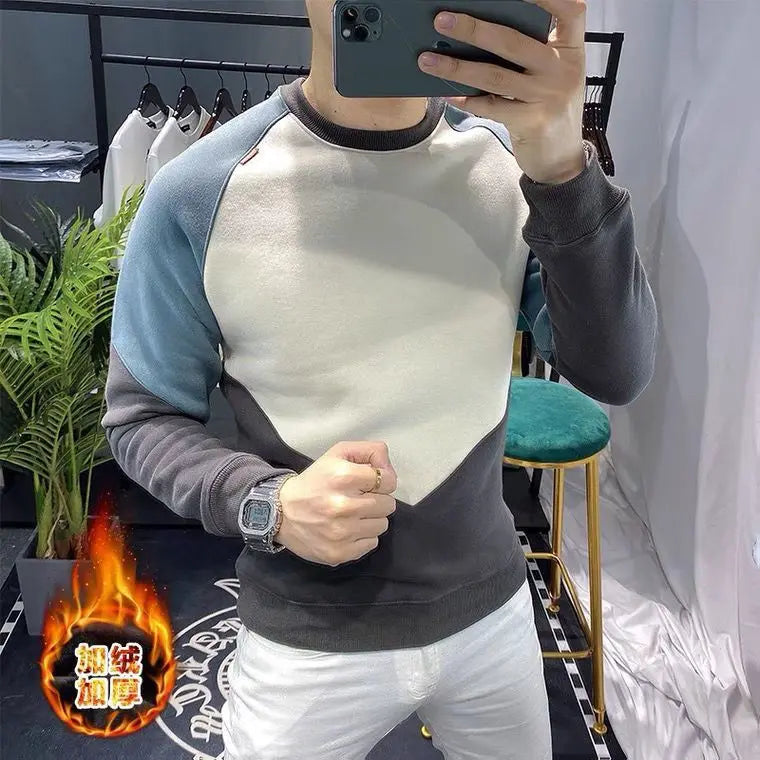 Contrast Color Patchwork Sweatshirt - Plus Velvet Loose