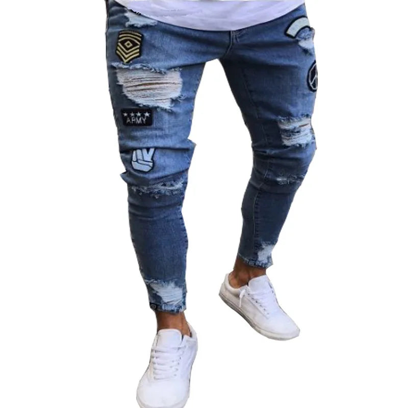 Knee Ripped Stretch Jeans - Hip Hop Slim Fit