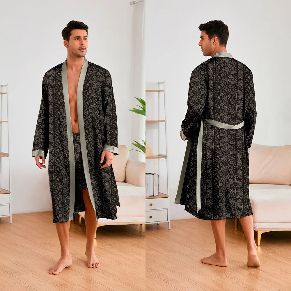 Men's Premium Ice Silk Kimono Bathrobe Set - Tiger Print Loungewear