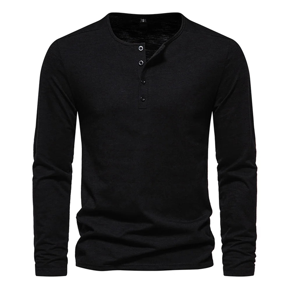 Slim Fit Long Sleeve Tee - Button Neck Cotton Shirt