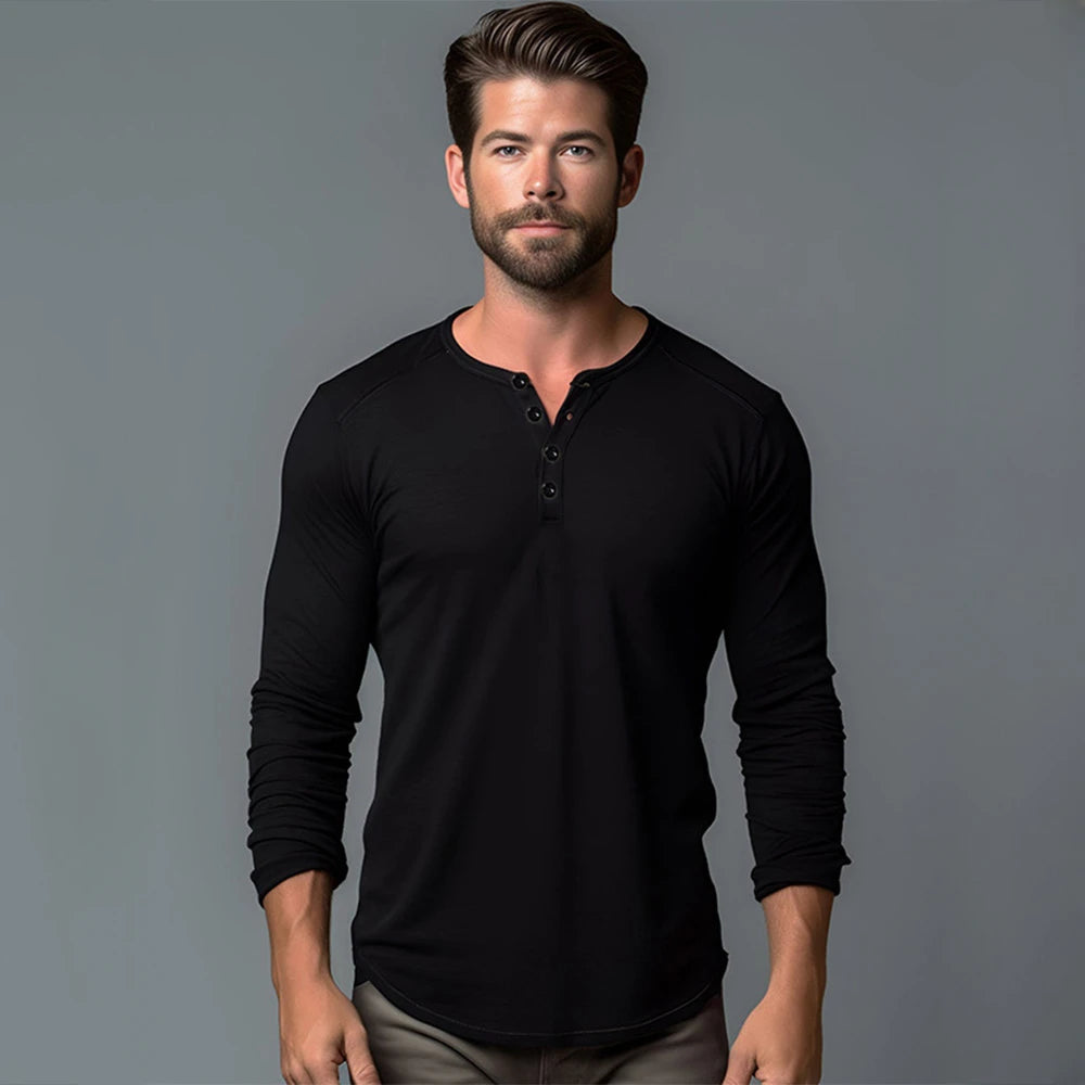 Slim Fit Long Sleeve Tee - Button Neck Cotton Shirt