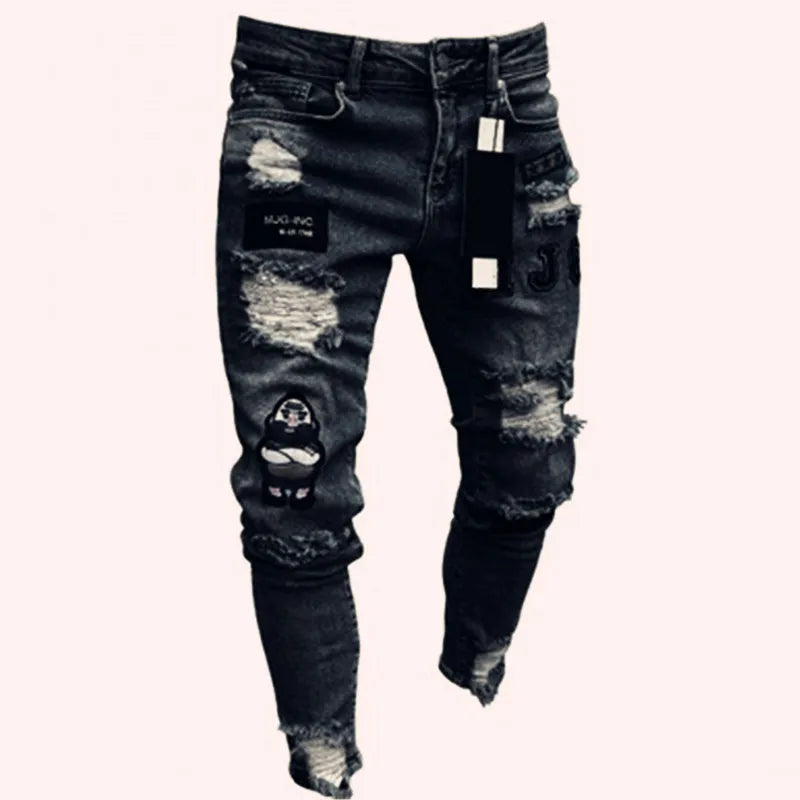 Knee Ripped Stretch Jeans - Hip Hop Slim Fit
