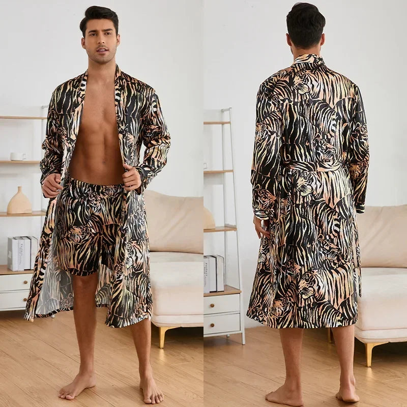 Men's Premium Ice Silk Kimono Bathrobe Set - Tiger Print Loungewear