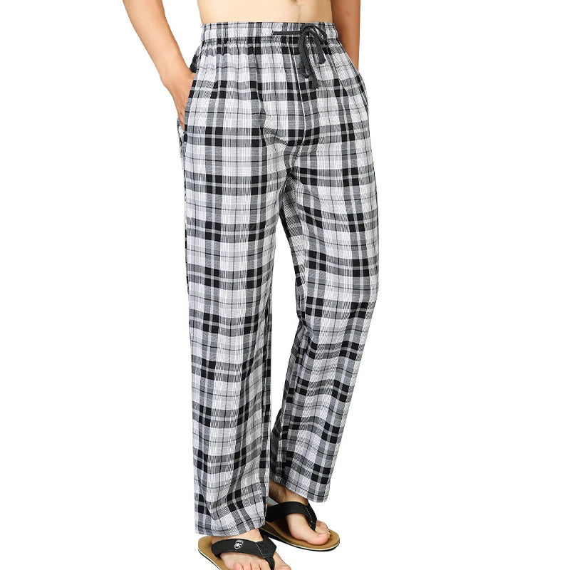 Men's Pure Cotton Plaid Sleep Pants - Lightweight Casual Lounge Trousers