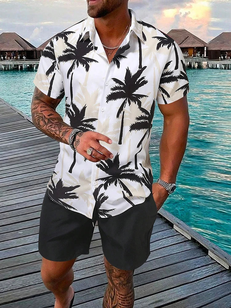 Men's Hawaiian Coconut Tree Print Shirt and Shorts Set - 2-Piece Beach Outfit