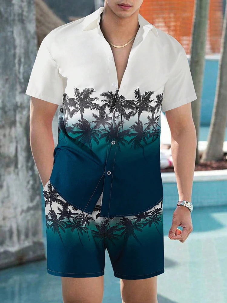 Men's Hawaiian Coconut Tree Print Shirt and Shorts Set - 2-Piece Beach Outfit