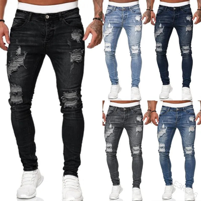 Knee Ripped Stretch Jeans - Hip Hop Slim Fit