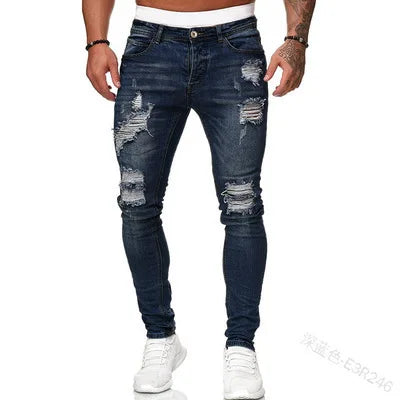 Knee Ripped Stretch Jeans - Hip Hop Slim Fit