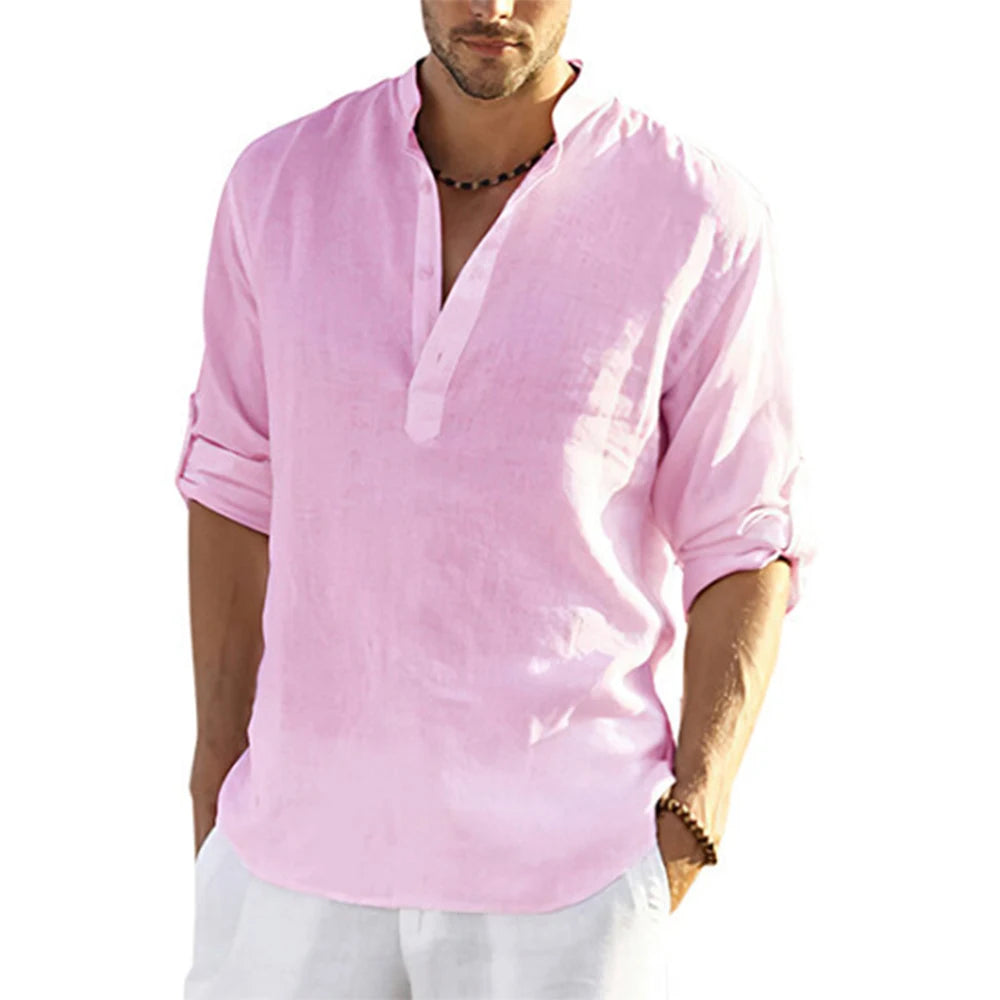 Men's Cotton Linen Long Sleeve Casual Shirt - Lightweight Breathable Button-Down Top